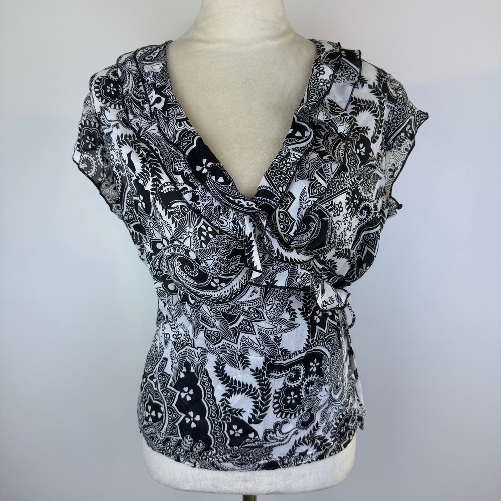 Y2K Fashion Bug Boho Black White Paisley Ruffle Wrap Top Cap Sleeve Chiffon XL